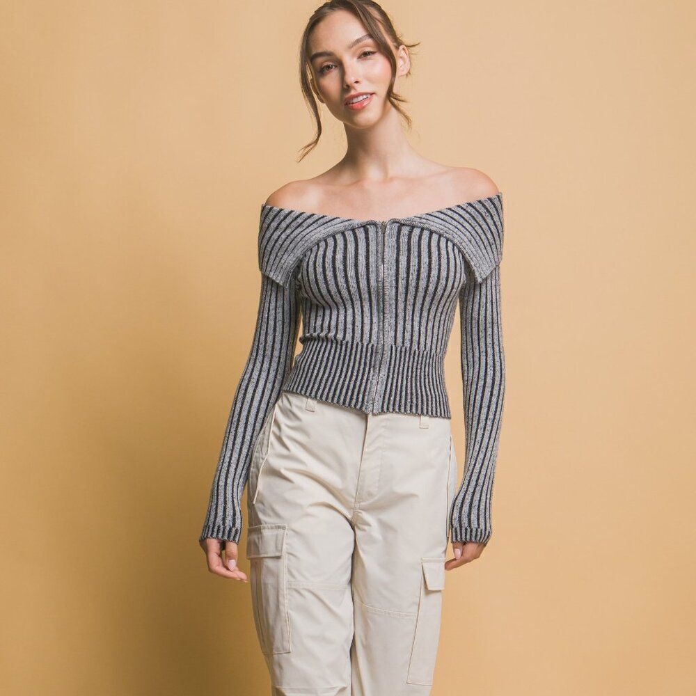 Grey‎ Ribbed Bardot Zip Up Long Sleeve